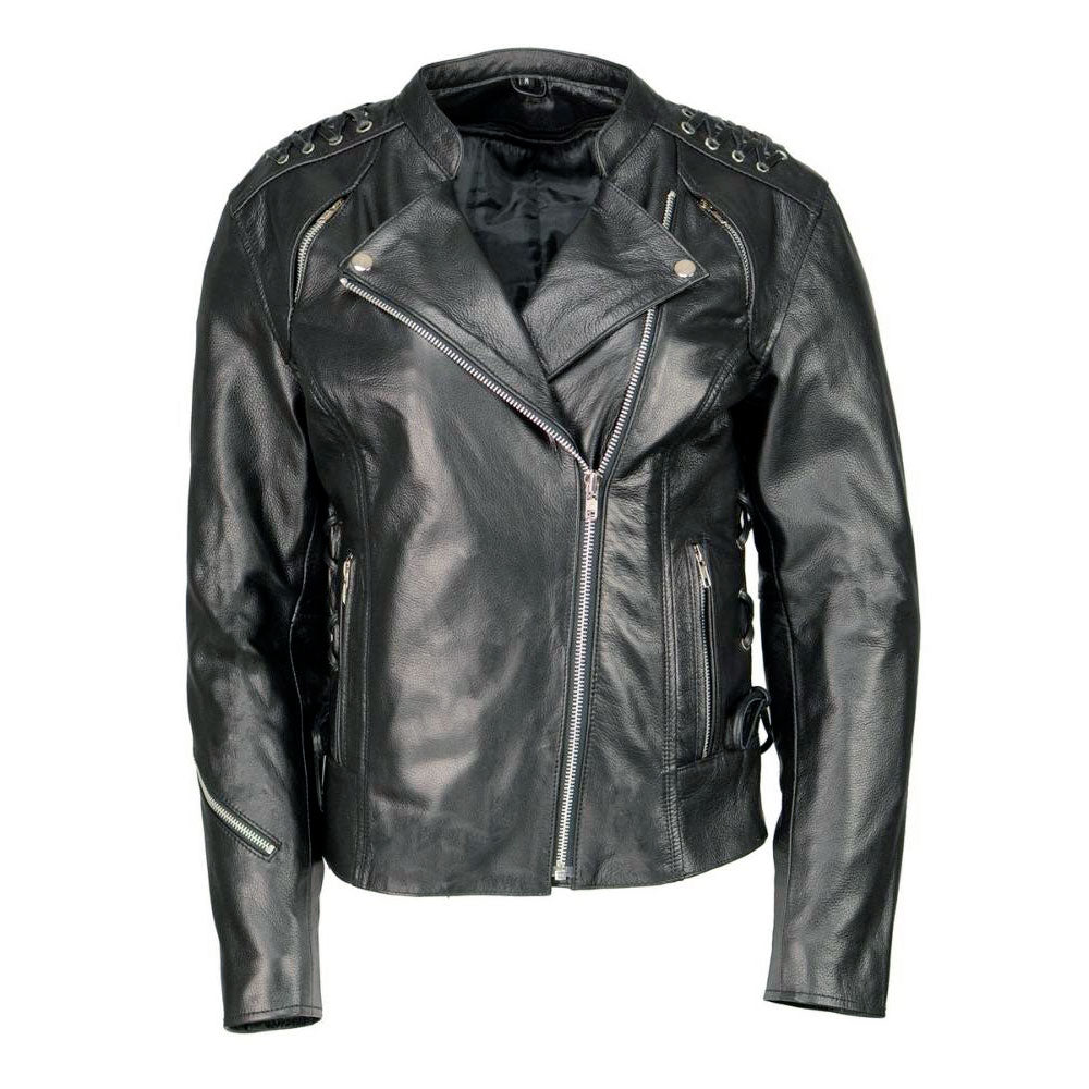 M Boss Motorcycle Apparel BOS22503 Women's Black Armored Motorcycle Leather Jacket with Back Lacing Detail