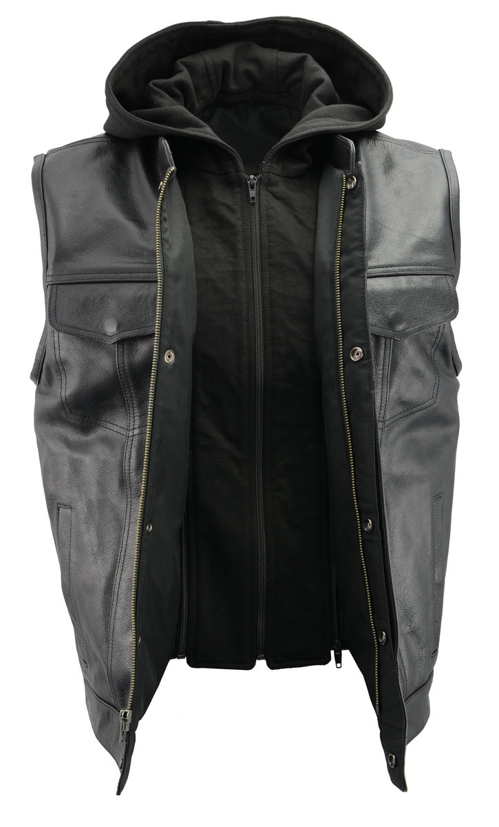 Men’s Premium Black Leather Club Style Motorcycle Riding Vest with Removable Bib Hoodie BZ6110