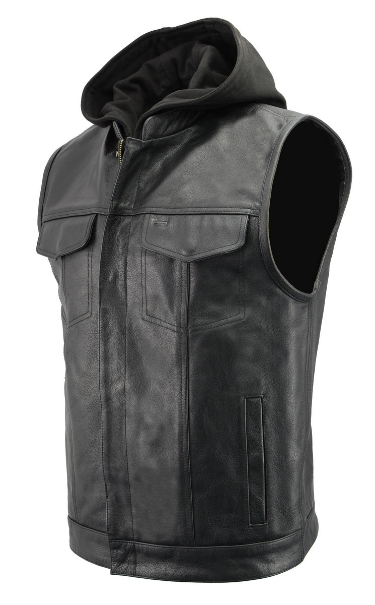 Men’s Premium Black Leather Club Style Motorcycle Riding Vest with Removable Bib Hoodie BZ6110