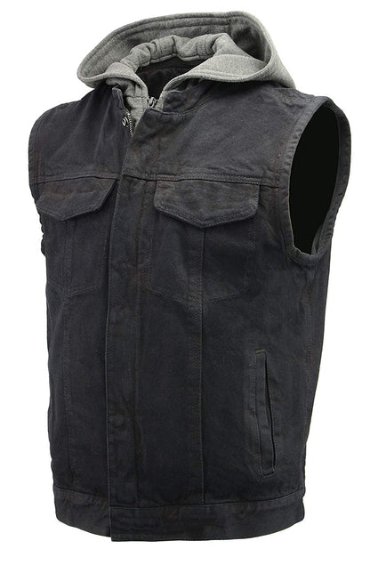 Men’s Denim Rustic and Casual Black Jean Club Style Biker Riding Vest with Removable Hoodie BZ7200