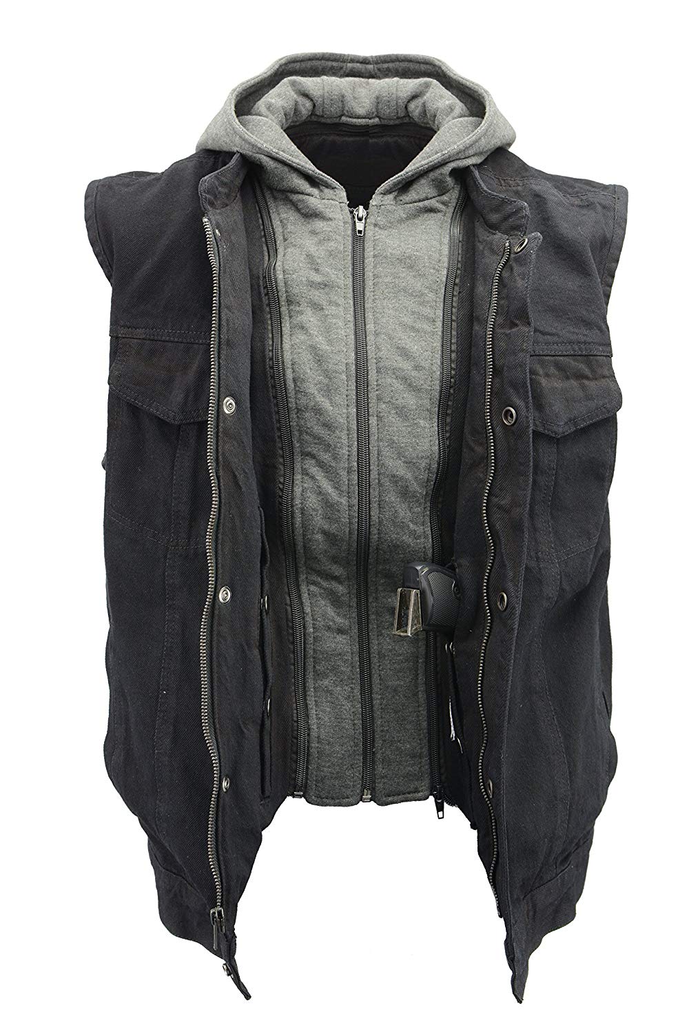 Men’s Denim Rustic and Casual Black Jean Club Style Biker Riding Vest with Removable Hoodie BZ7200