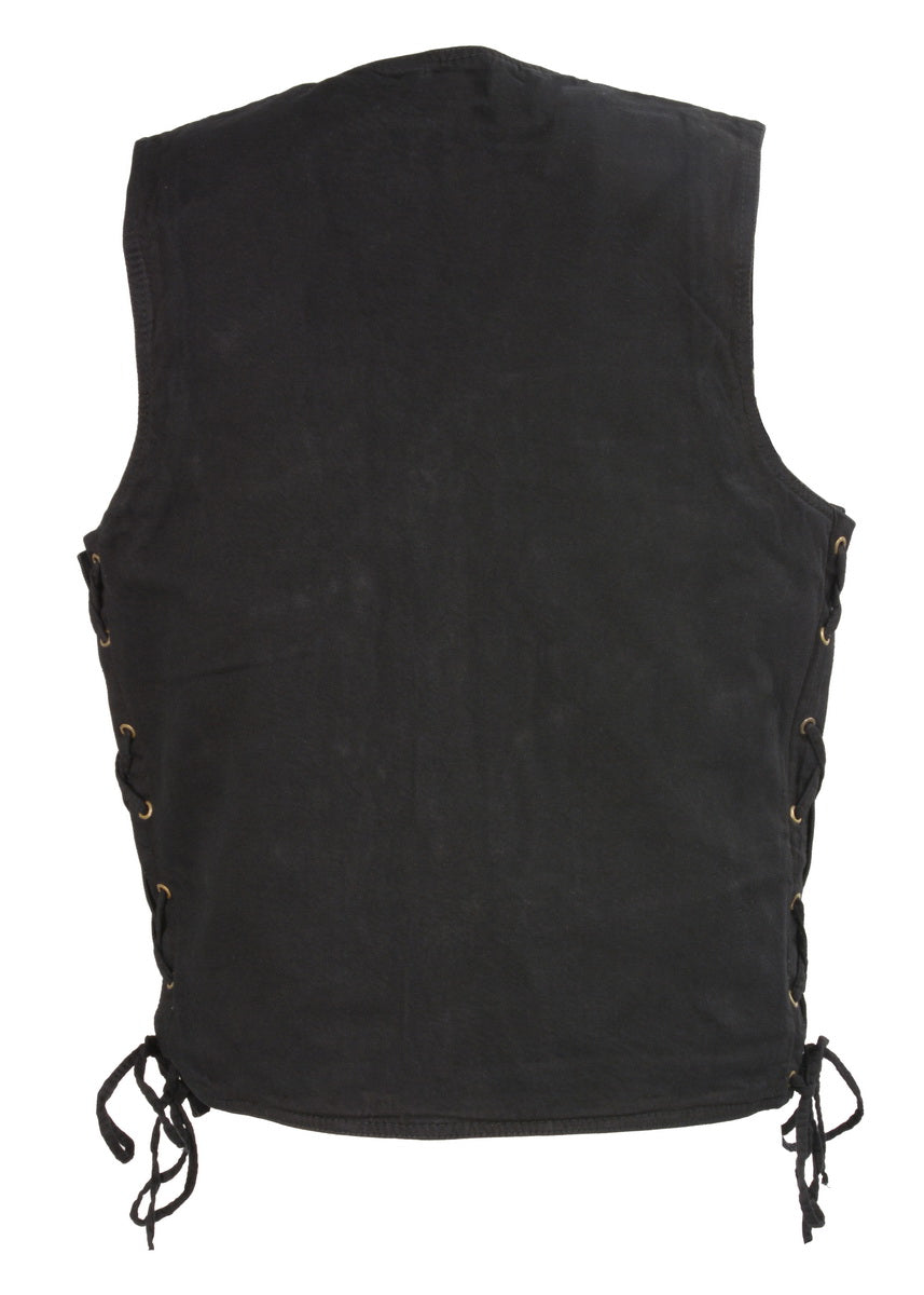 Club Vest CVM1360 Men's Classic Side Lace Black Denim Motorcycle Vest with Snap Buttons