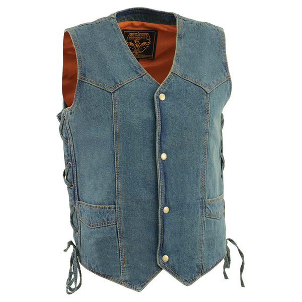 トップス cutrate LEATHER COMBINATION DENIM VEST Blue Denim/Leather