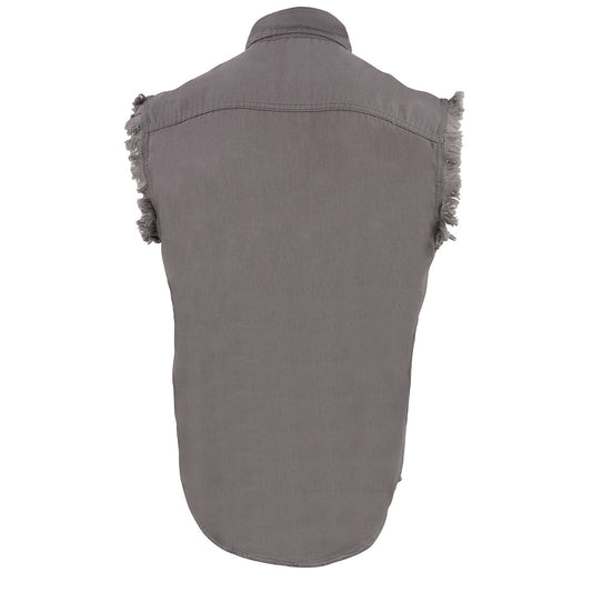 Milwaukee Leather DM4004 Men's Grey Lightweight Denim Shirt with with Frayed Cut Off Sleeveless Look