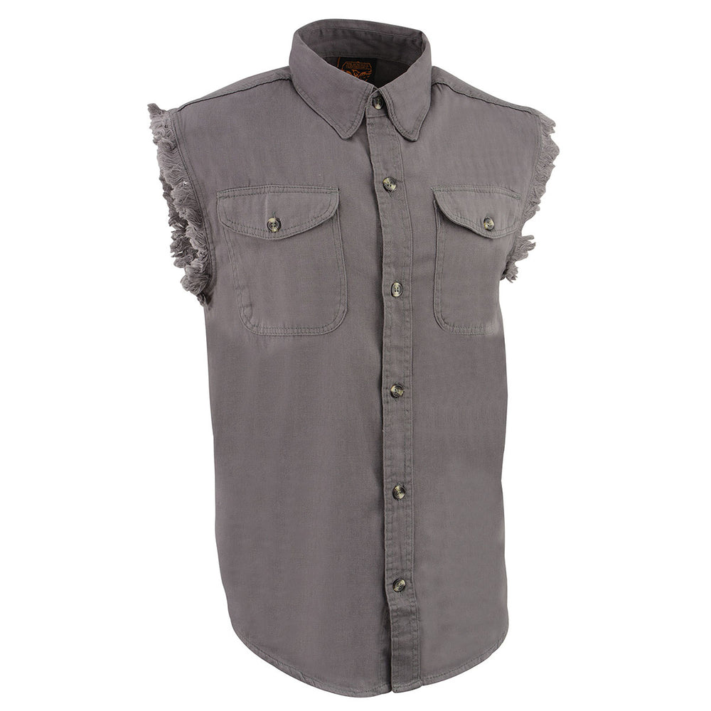 Milwaukee Leather DM4004 Men's Grey Lightweight Denim Shirt with Sleeveless Frayed Cut Off