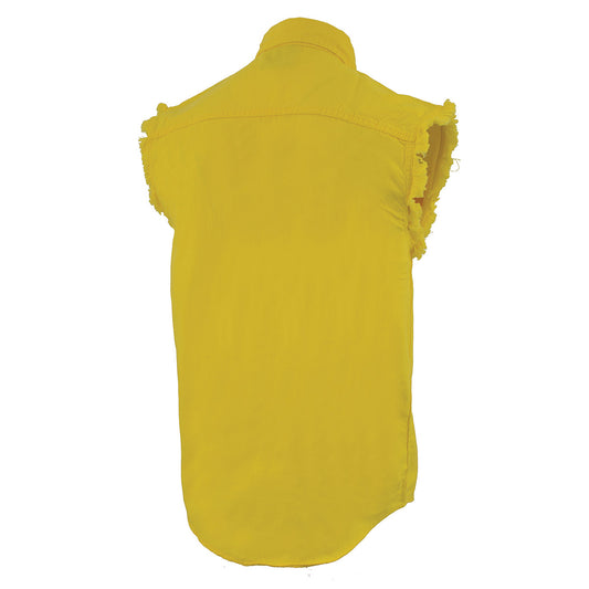 Milwaukee Leather DM4008 Men's Yellow Lightweight Denim Shirt with with Frayed Cut Off Sleeveless Look