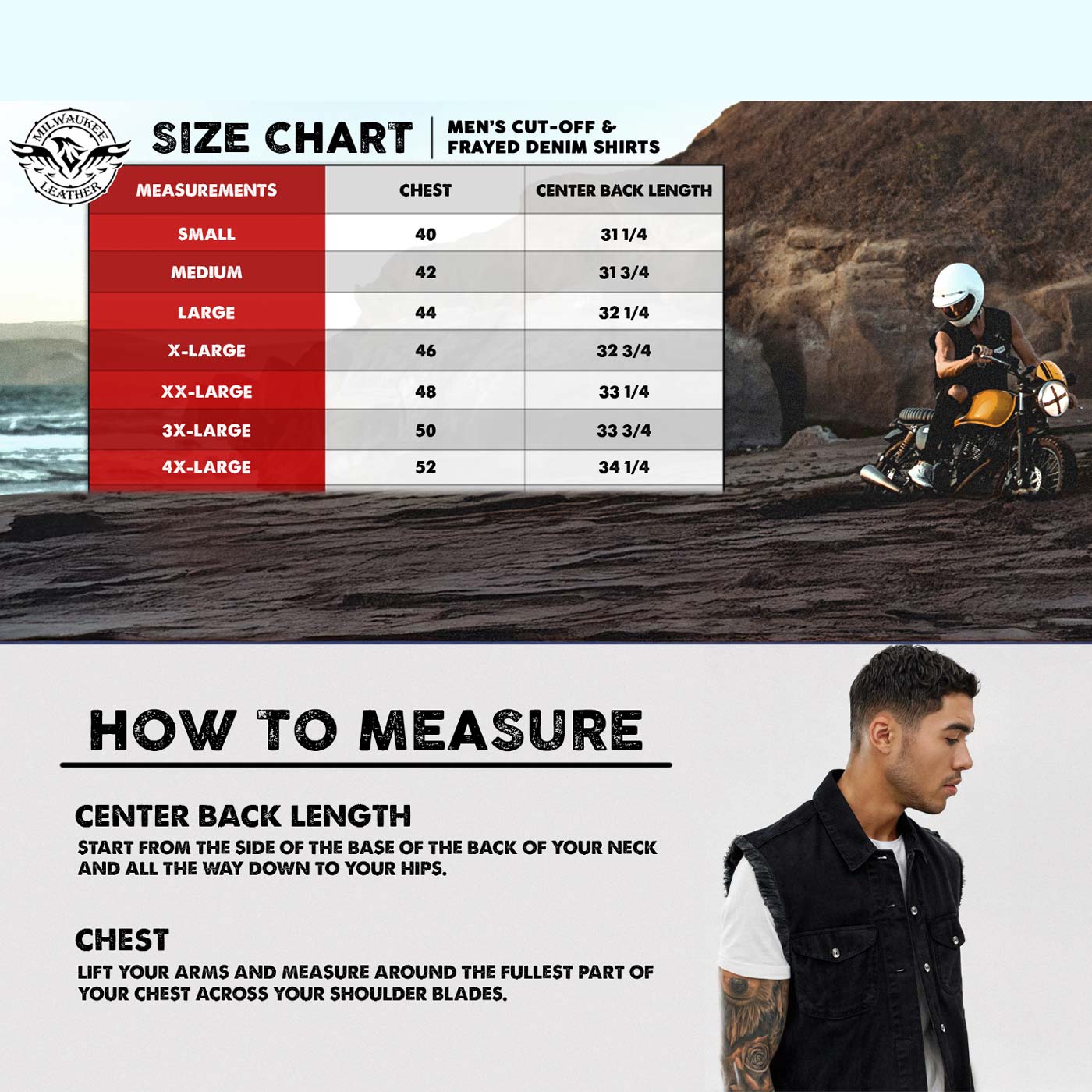 Milwaukee Leather DM4009 Men's Sand Lightweight Denim Shirt with with Frayed Cut Off Sleeveless Look
