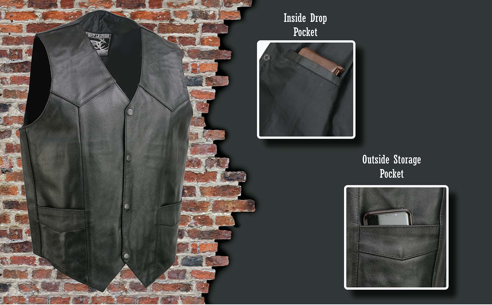 Event Leather EL5310 Black Motorcycle Leather Vest for Men - Riding Club Adult Motorcycle Vests
