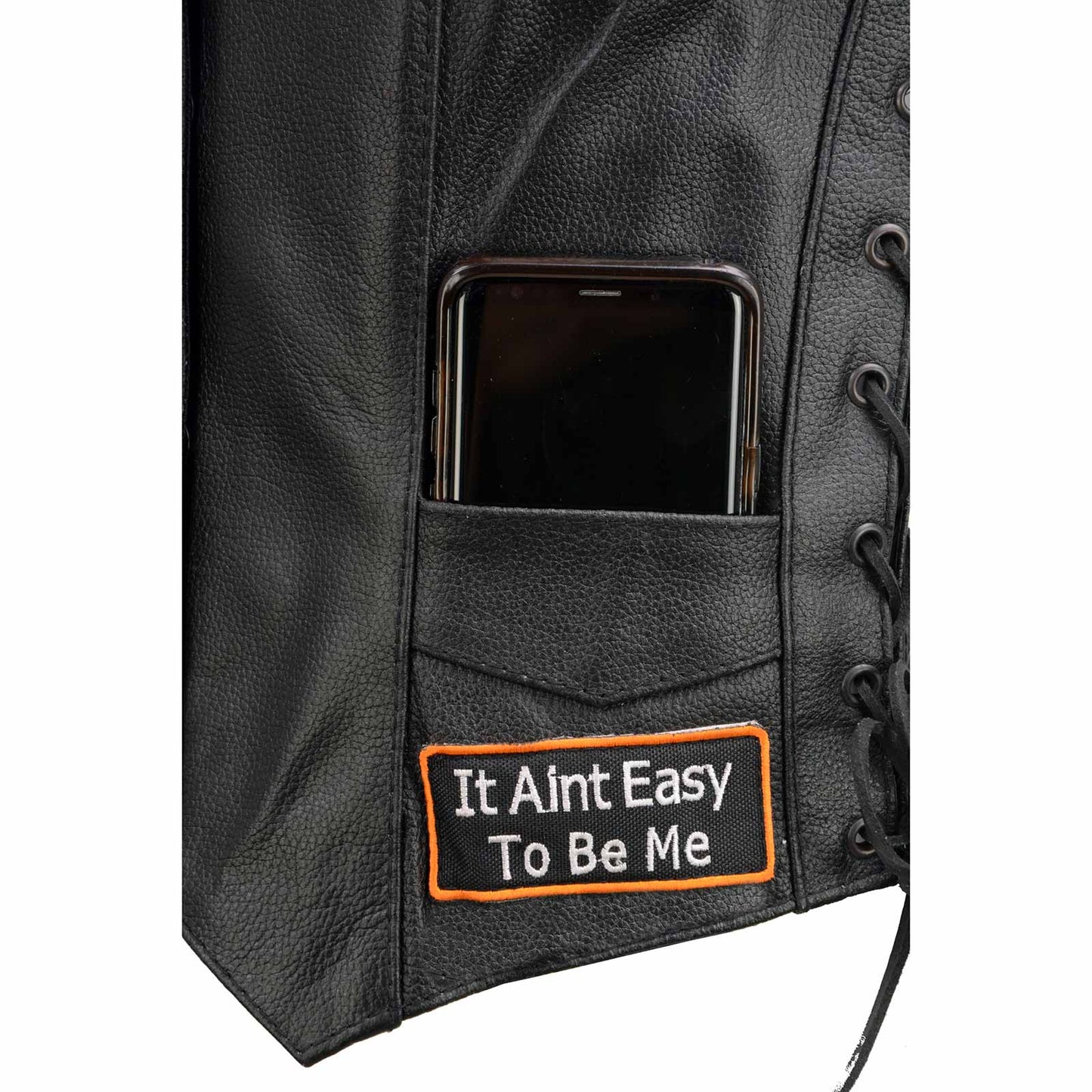 Event Leather ELL4900 Women's Classic Black Genuine Leather Side Laced Motorcycle Riders Vest w/ 9 Patches