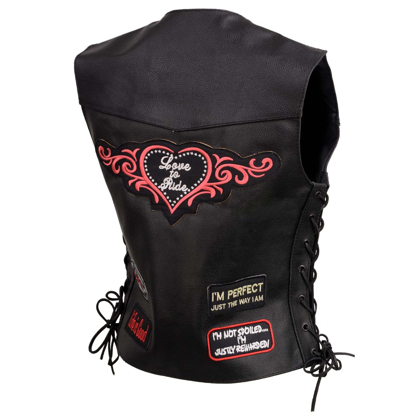 Event Leather ELL4900 Women's Classic Black Genuine Leather Side Laced Motorcycle Riders Vest w/ 9 Patches