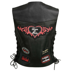Event Leather ELL4900 Women's Classic Black Genuine Leather Side Laced Motorcycle Riders Vest w/ 9 Patches