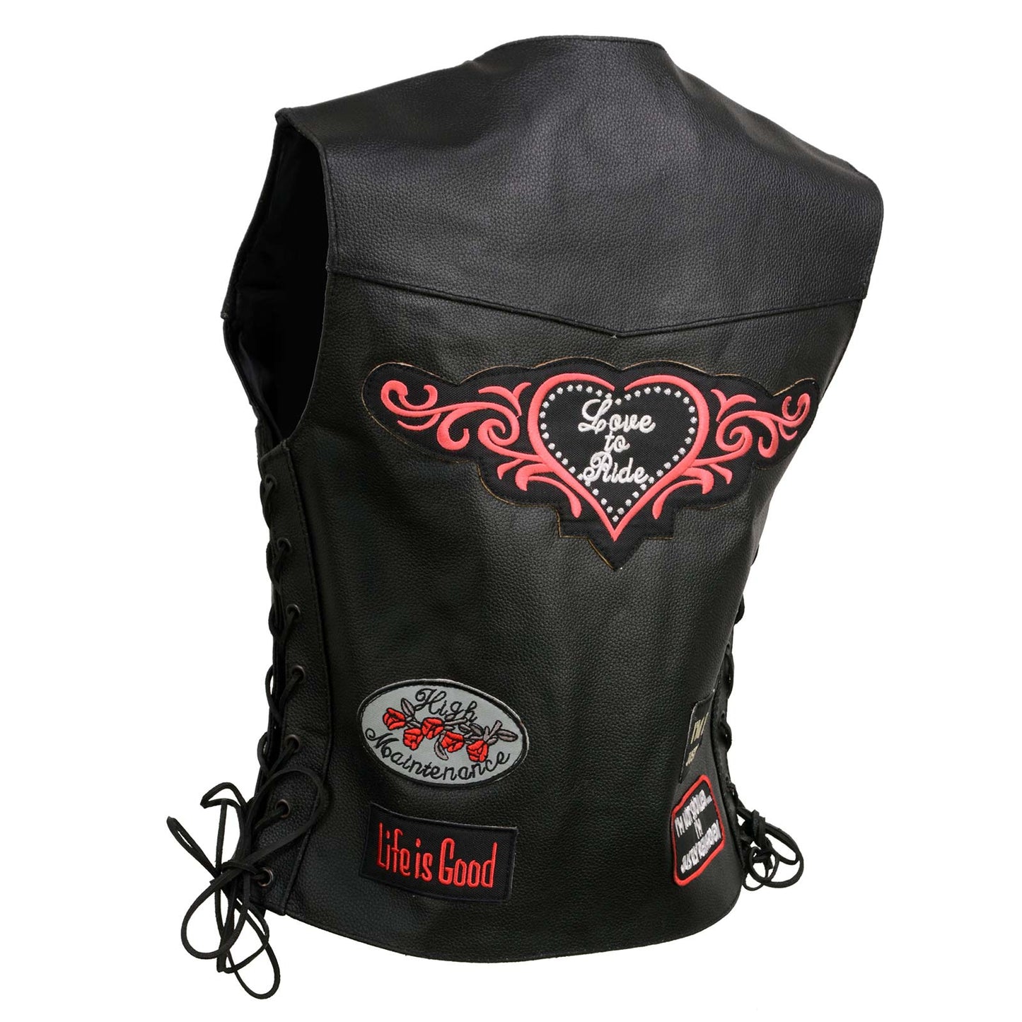 Event Leather ELL4900 Women's Classic Black Genuine Leather Side Laced Motorcycle Riders Vest w/ 9 Patches