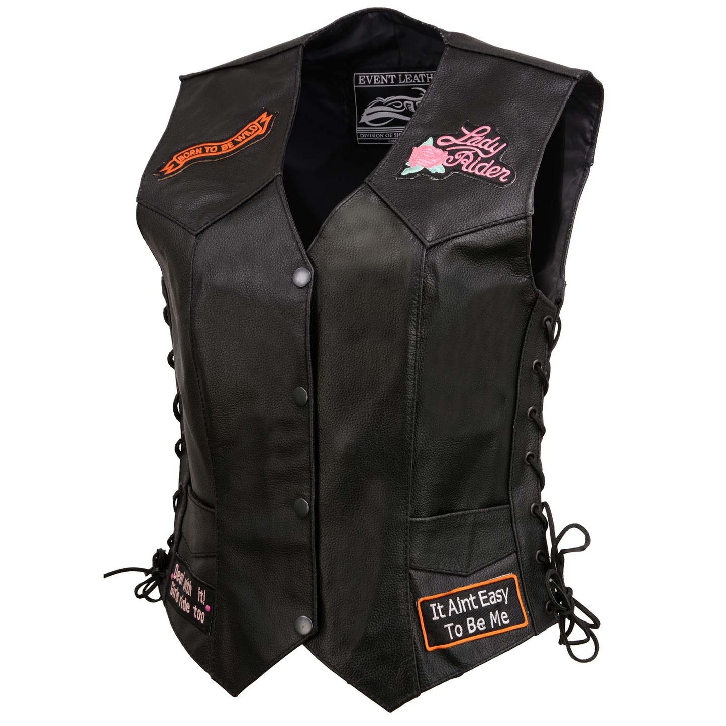 Event Leather ELL4900 Women's Classic Black Genuine Leather Side Laced Motorcycle Riders Vest w/ 9 Patches