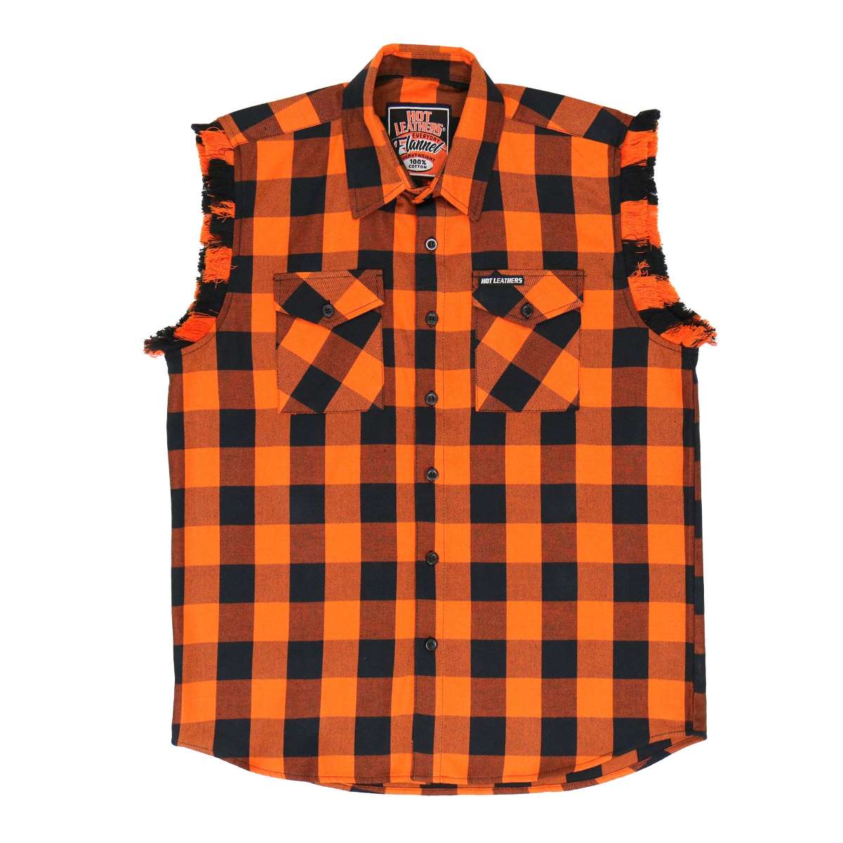 Hot Leathers FLM5210 Men's No Sleeve Fringe Orange and Black Flannel Shirt