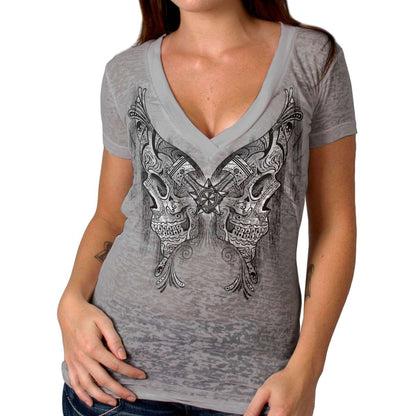 Hot Leathers Ladies Burnout Cotton Butterfly Skulls V-Neck T-Shirt GLC1538