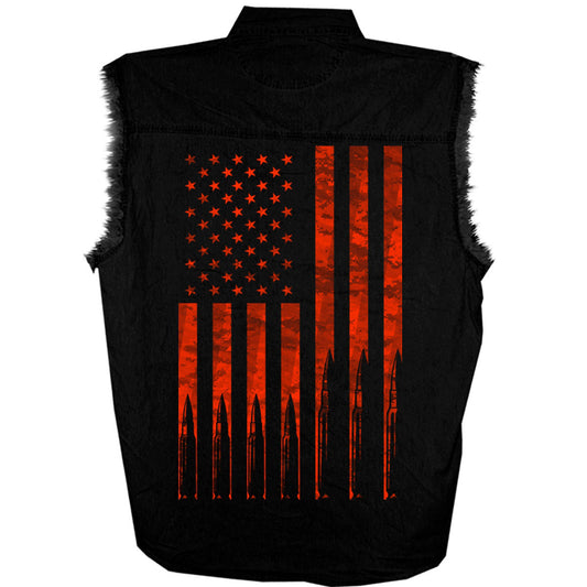 Hot Leathers GMD5430 Mens Black Flag Bullets Sleeveless Black Denim Shir