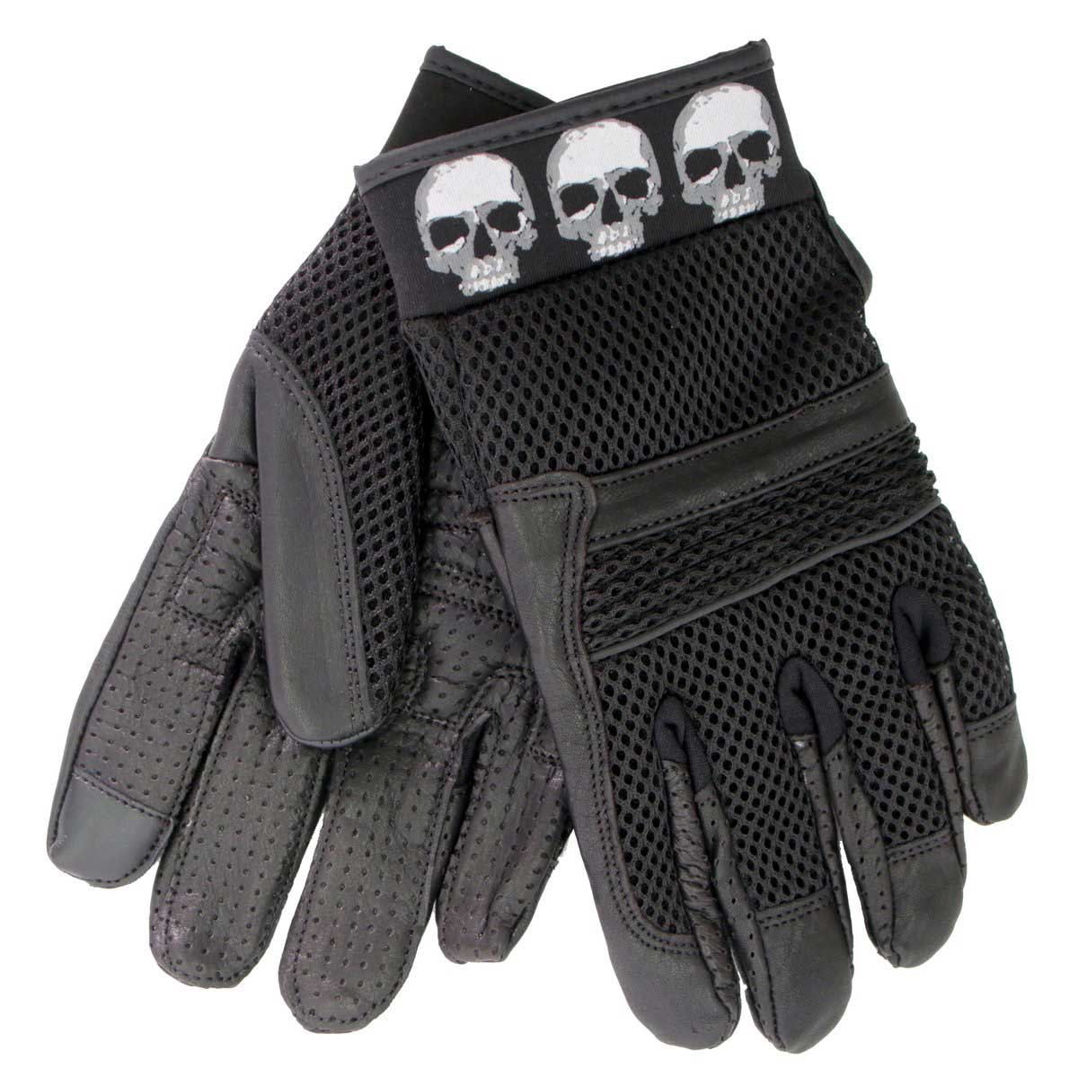 Hot Leathers GVM1301 Uni-Sex Black 'Row of Skulls' Leather and Mesh Gloves with i-Touch Screen