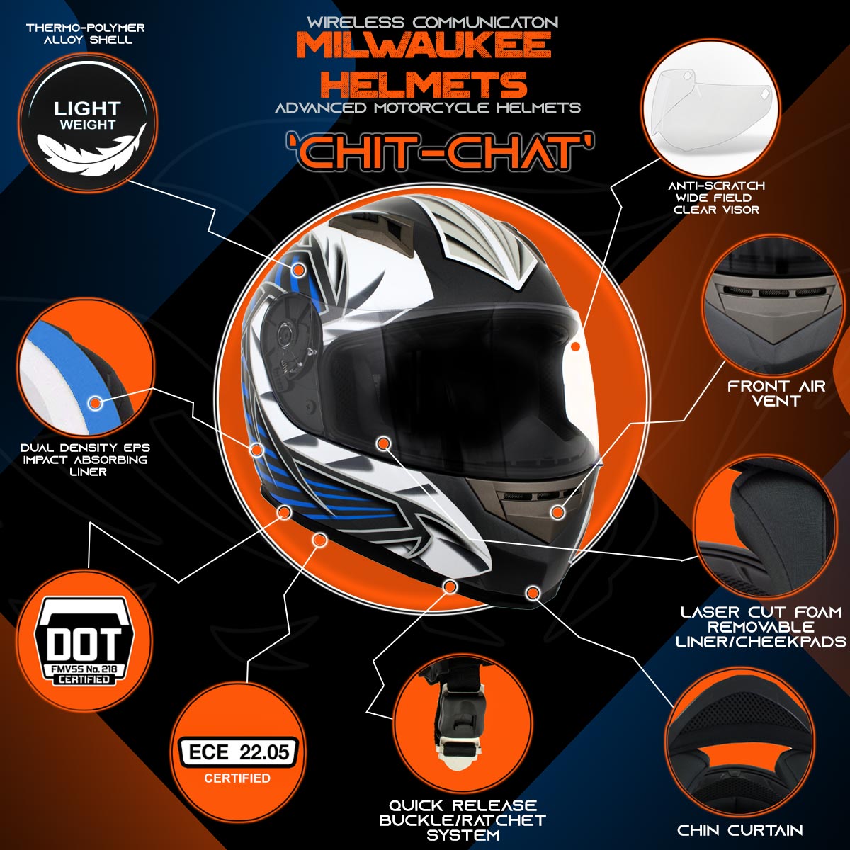 Milwaukee Helmets H512 Titanium and Blue Chit-Chat Full Face Wireless Motorcycle Helmet-Stream Music-Phone Calls