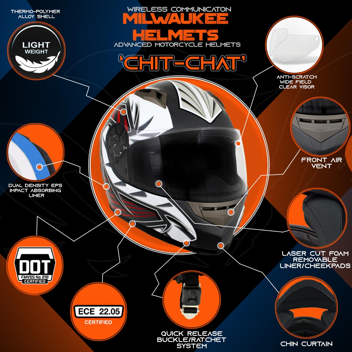 Milwaukee Helmets H520 Titanium and Red Chit-Chat Full Face Wireless Motorcycle Helmet-Stream Music-Phone Calls