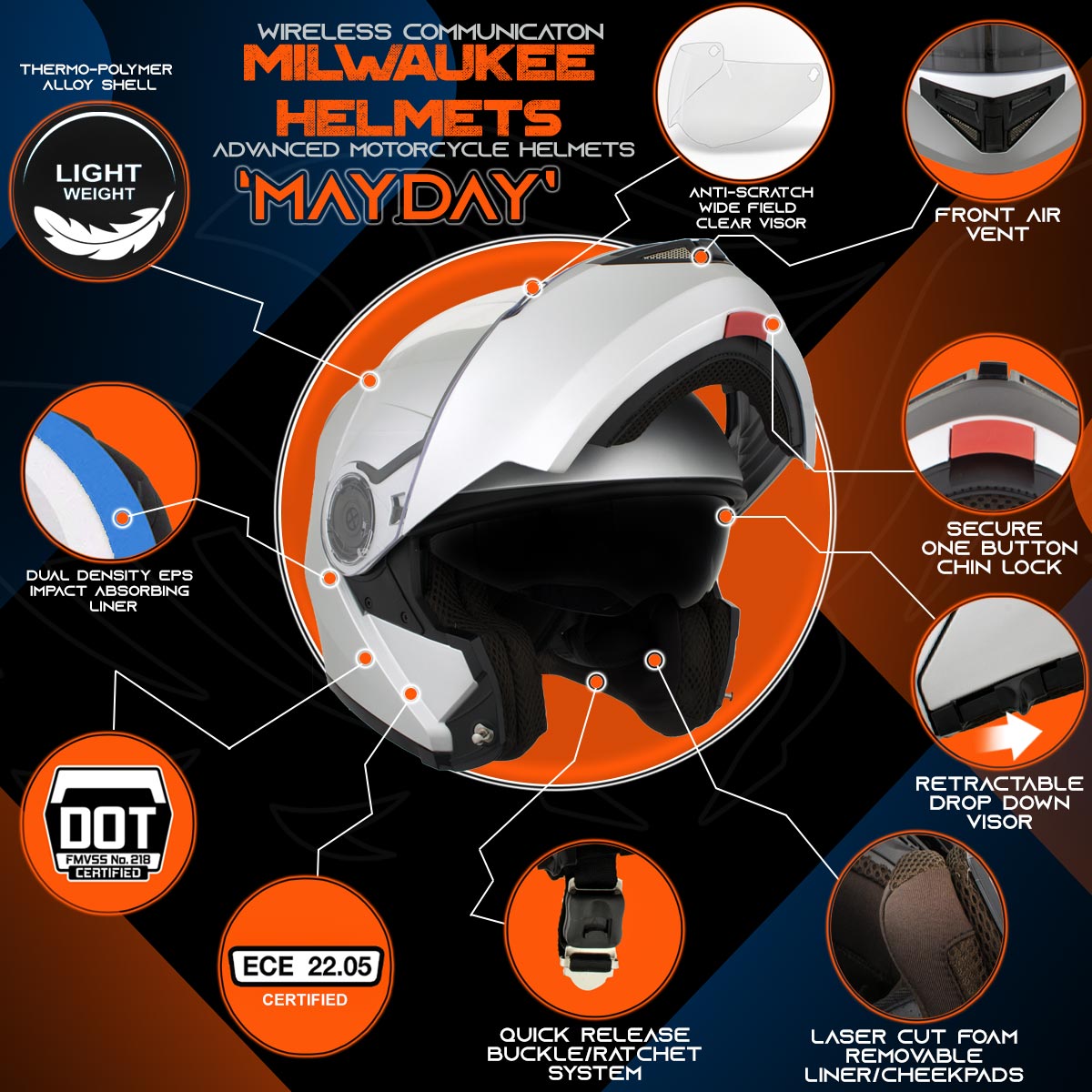 Milwaukee Helmets H7010 Flat Gray Mayday Modular Full Face Wireless Motorcycle Helmet-Stream Music-Phone Calls