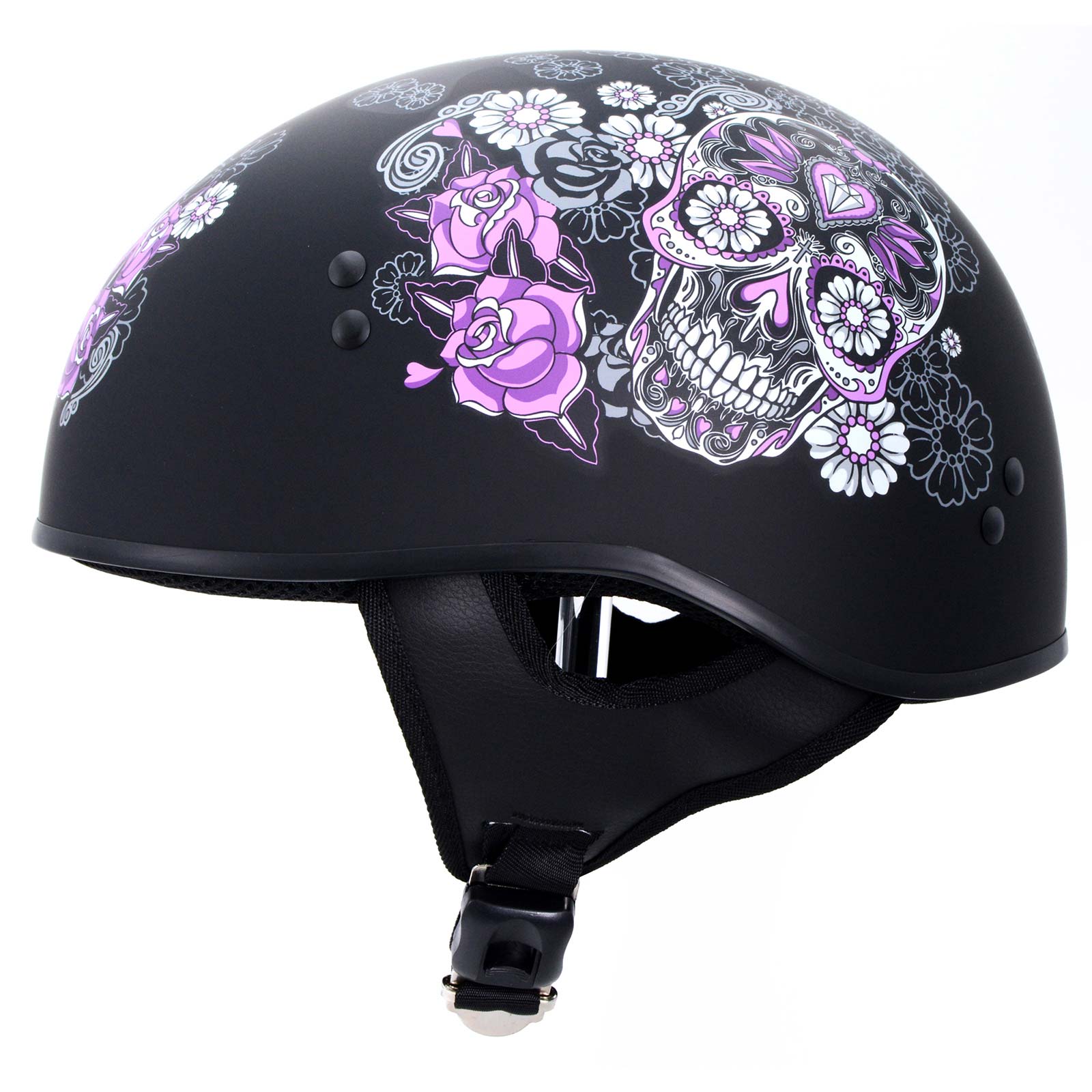 Hot Leathers HLD1031 Sugar Skull Flat Black Motorcycle DOT Approved Skull Cap Half Biker Helmet