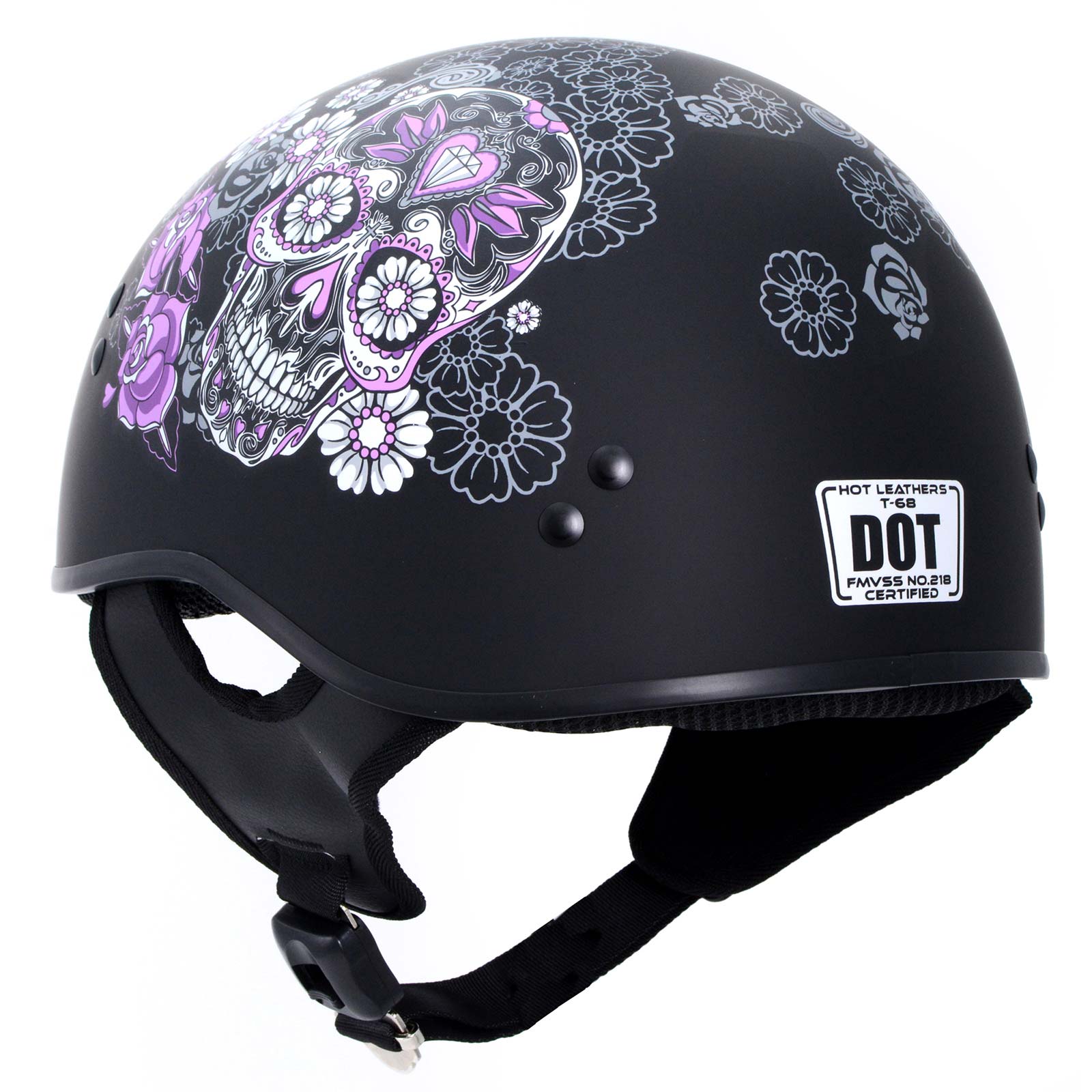 Hot Leathers HLD1031 Sugar Skull Flat Black Motorcycle DOT Approved Skull Cap Half Biker Helmet