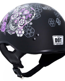 Hot Leathers HLD1031 Sugar Skull Flat Black Motorcycle DOT Approved Skull Cap Half Biker Helmet