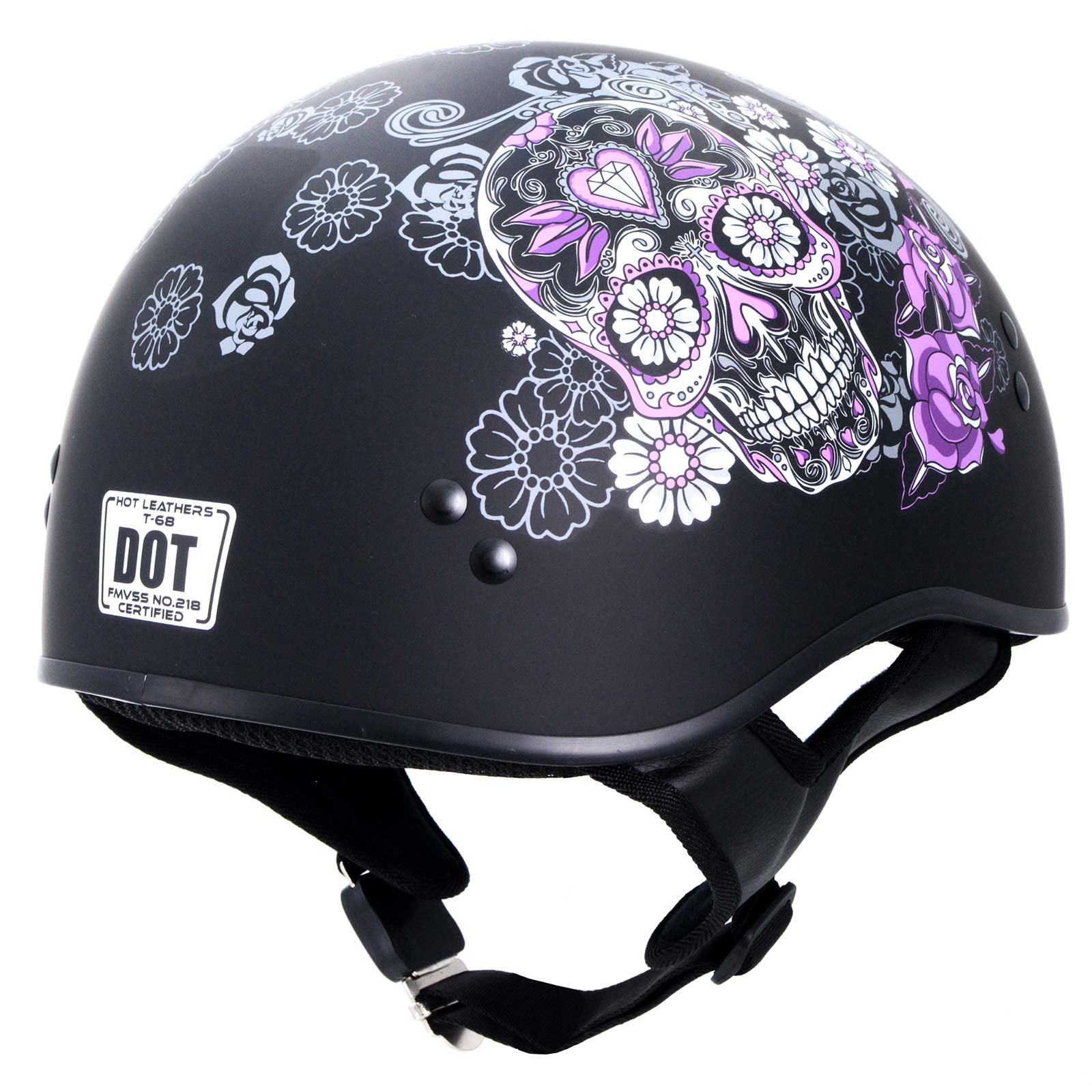 Hot Leathers HLD1031 Sugar Skull Flat Black Motorcycle DOT Approved Skull Cap Half Biker Helmet