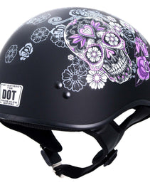 Hot Leathers HLD1031 Sugar Skull Flat Black Motorcycle DOT Approved Skull Cap Half Biker Helmet