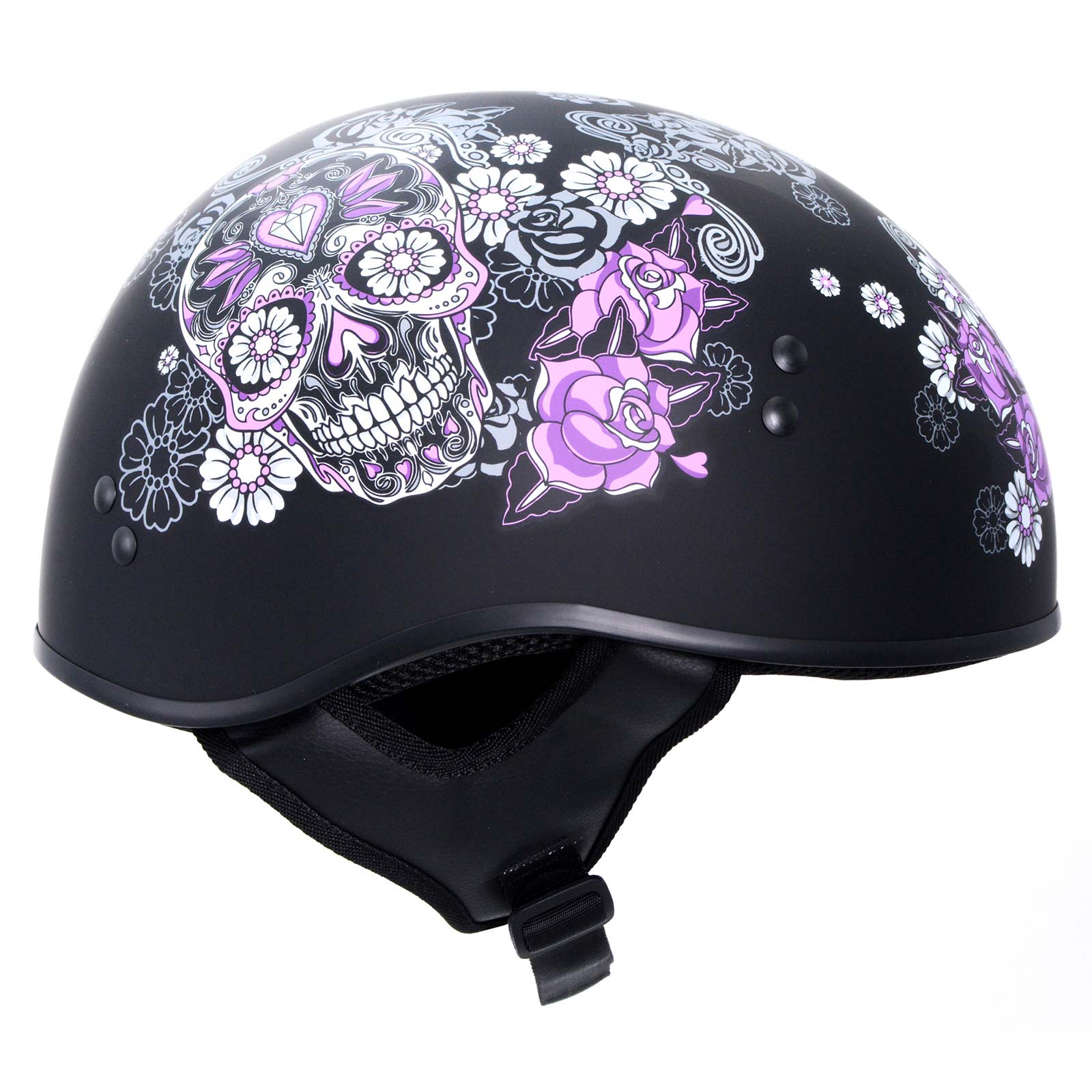 Hot Leathers HLD1031 Sugar Skull Flat Black Motorcycle DOT Approved Skull Cap Half Biker Helmet