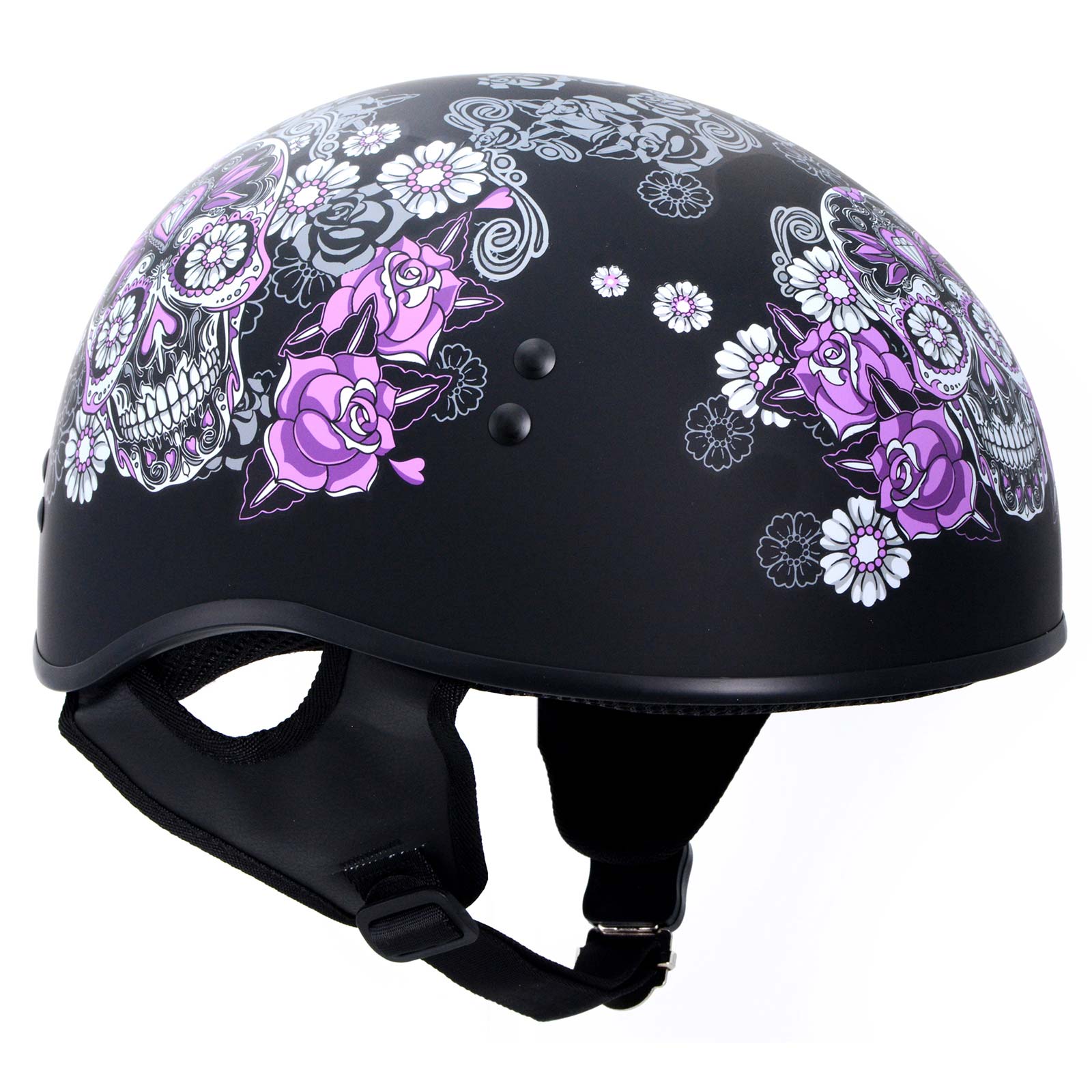 Hot Leathers HLD1031 Sugar Skull Flat Black Motorcycle DOT Approved Skull Cap Half Biker Helmet