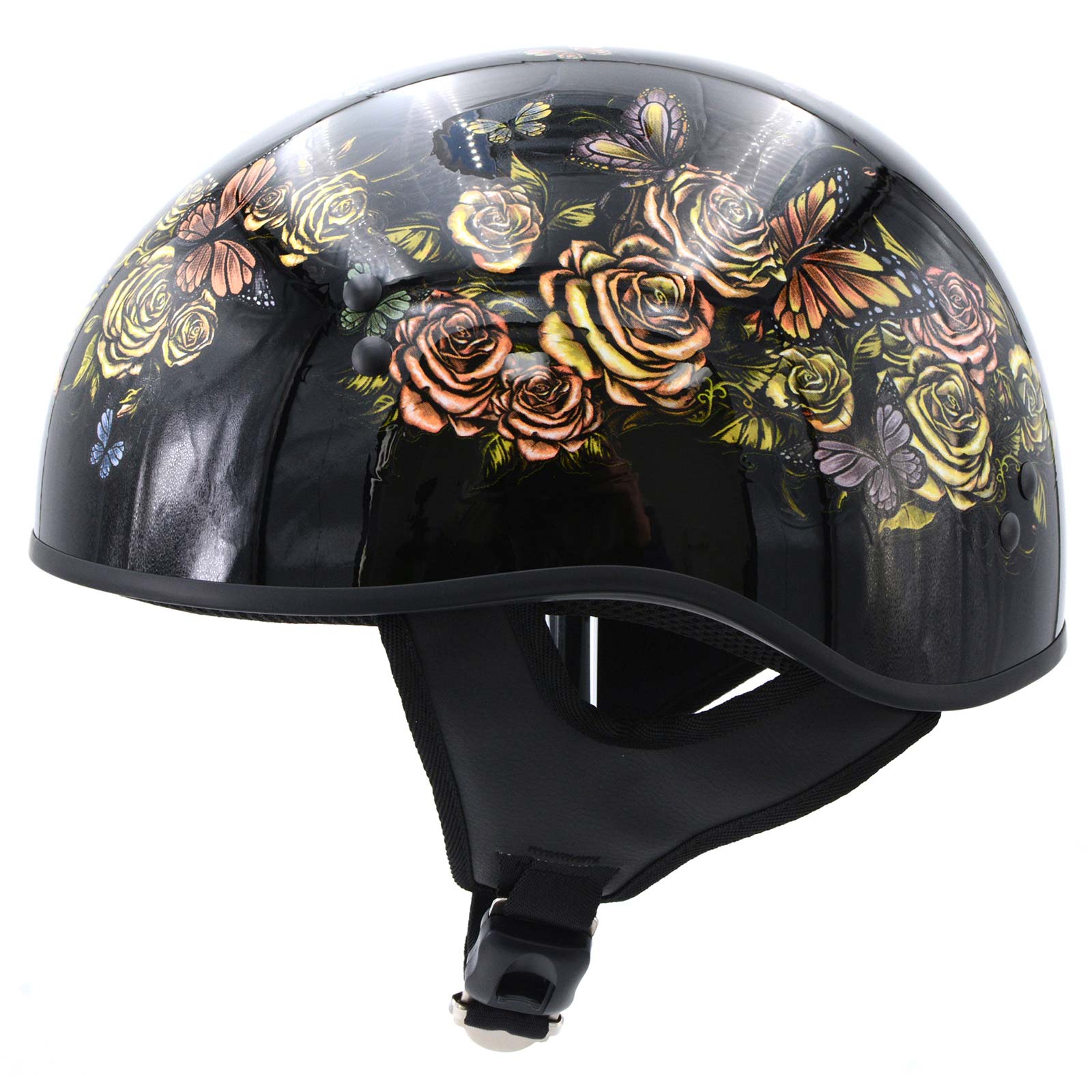 Hot Leathers HLD1034 Butterfly Lock Gloss Black Motorcycle DOT Approved Skull Cap Half Biker Helmet