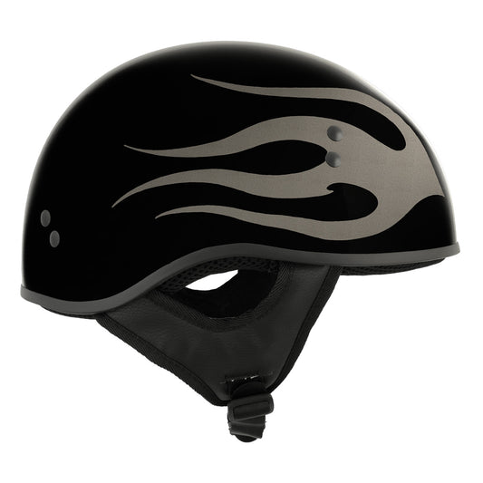 Hot Leathers HLD1036 Silver Flames Gloss Black Motorcycle DOT Approved Skull Cap Half Helmet