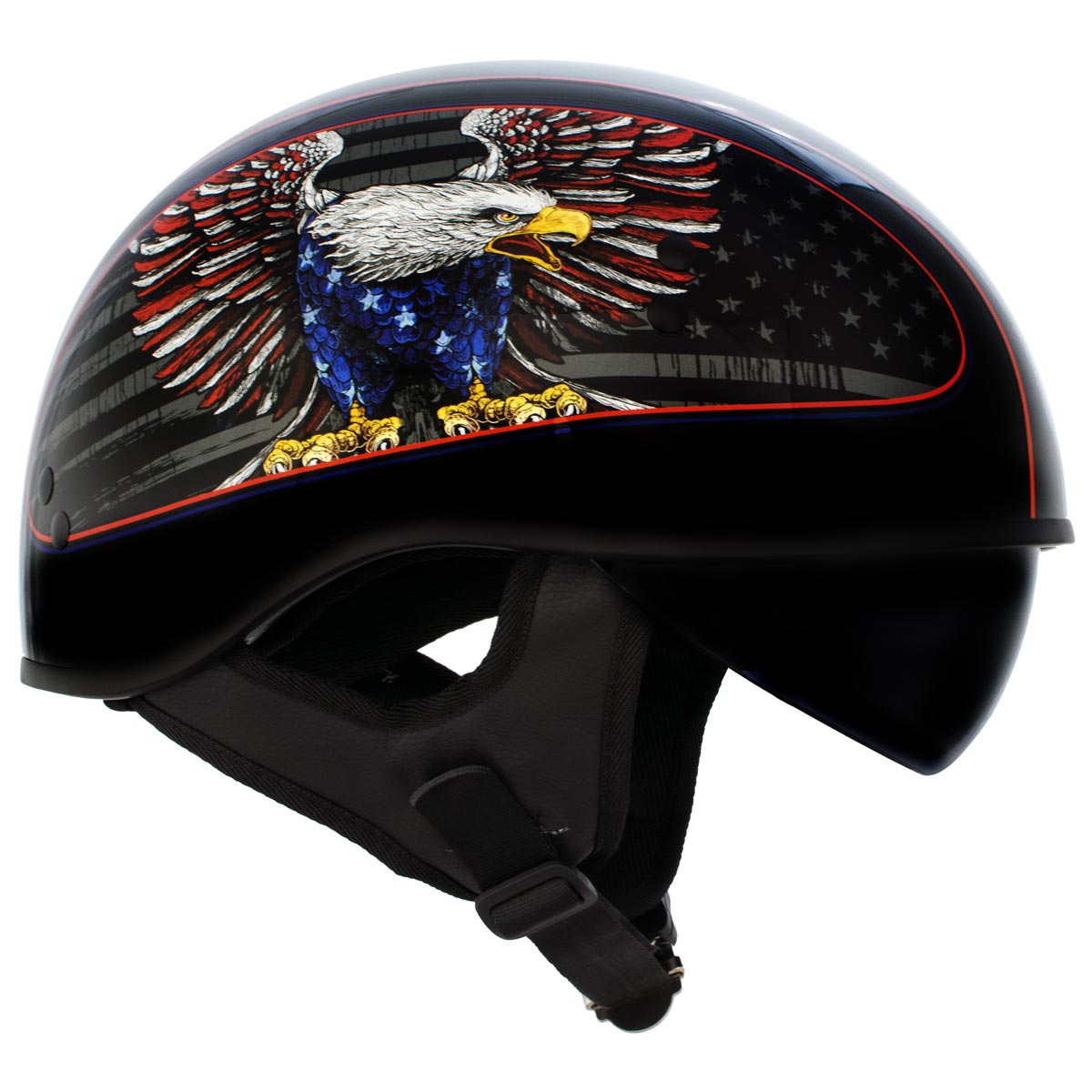 Hot Leathers HLD1037 Gloss Black Up Wing Eagle USA Advanced DOT Unisex Half Helmet w/ Drop Down Visor