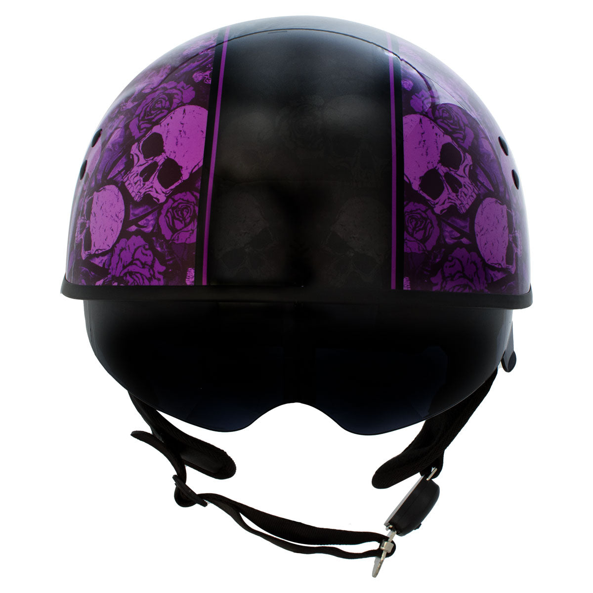 Hot Leathers HLD1039 Gloss Black Purple Skull Bouquet Advanced DOT Unisex Half Helmet w/ Drop Down Visor
