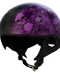 Hot Leathers HLD1039 Gloss Black Purple Skull Bouquet Advanced DOT Unisex Half Helmet w/ Drop Down Visor