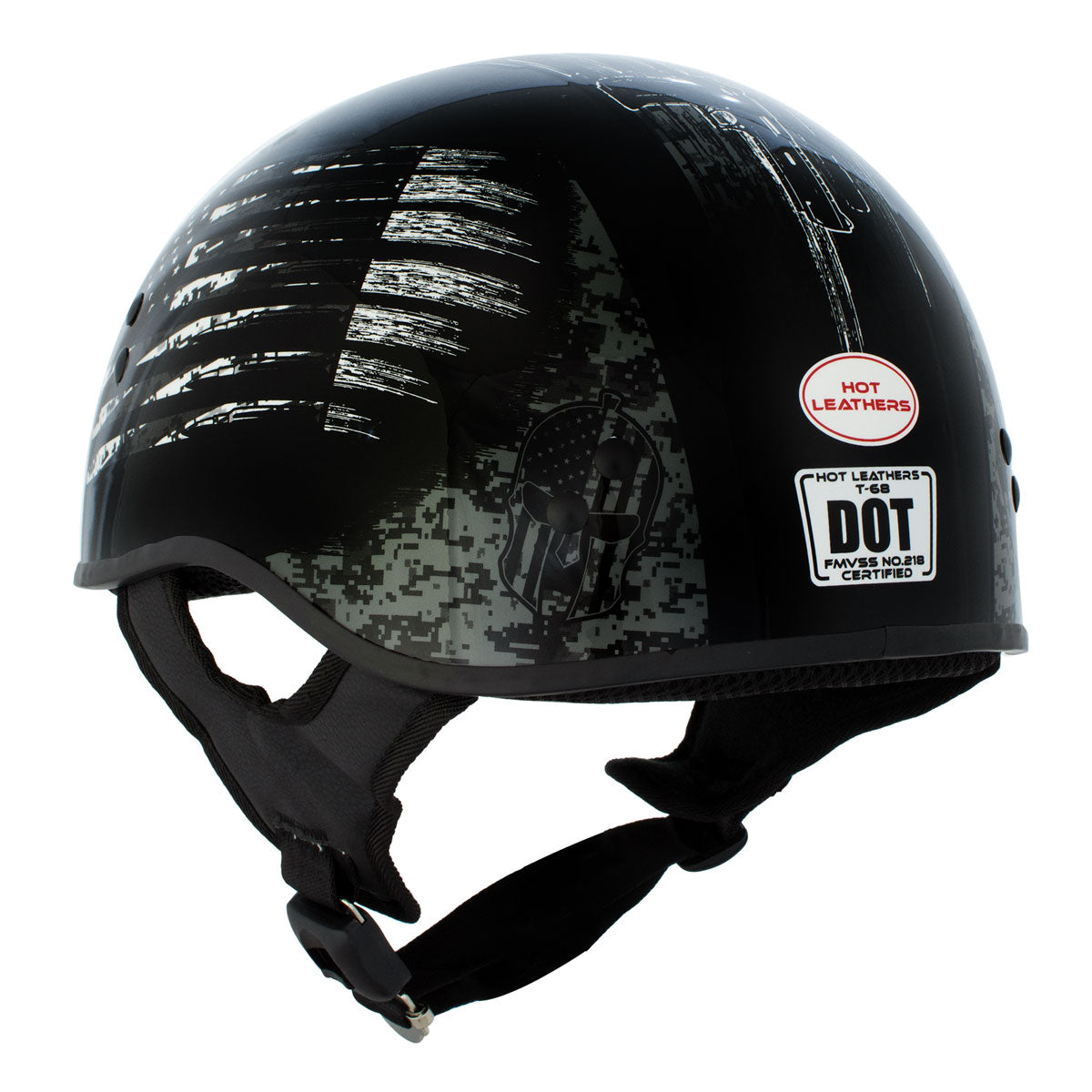 Hot Leathers HLD1043 Gloss Black Black and White Warrior Bullet Advanced DOT Skull Half Helmet