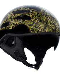 Hot Leathers HLD1047 Gloss Black Camo Skull Flames DOT Skull Half Motorcycle Helmet w/ Drop Down Tinted Visor