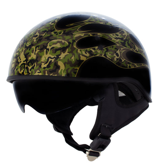 Hot Leathers HLD1047 Gloss Black Camo Skull Flames DOT Skull Half Motorcycle Helmet w/ Drop Down Tinted Visor