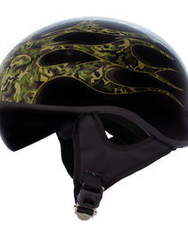 Hot Leathers HLD1047 Gloss Black Camo Skull Flames DOT Skull Half Motorcycle Helmet w/ Drop Down Tinted Visor