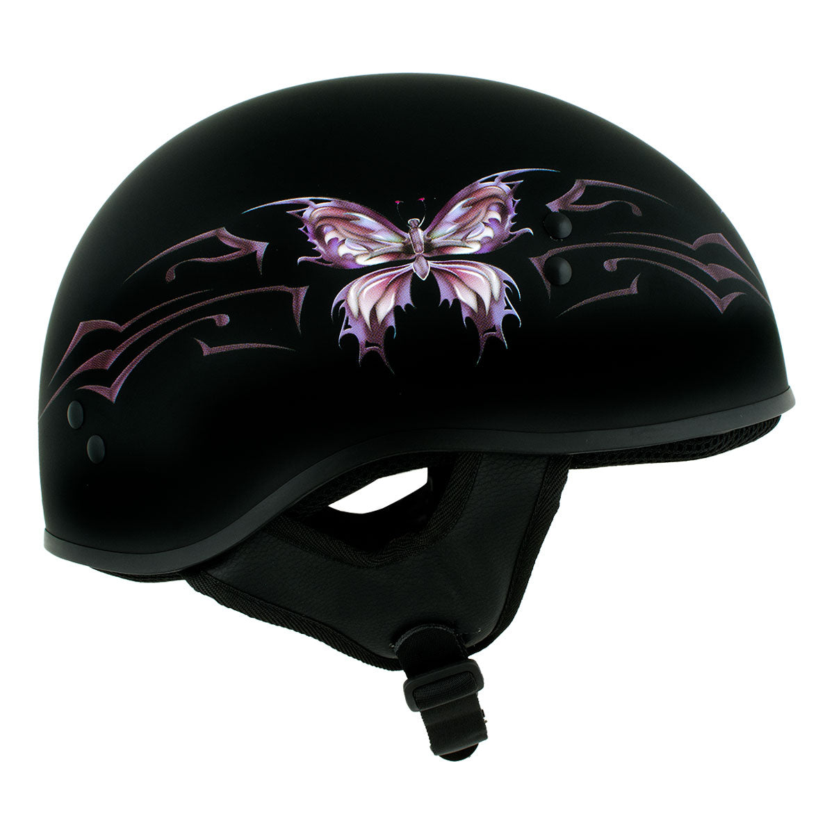 Hot Leathers HLD1052 DOT Skull Cap Half Helmet - Flat Black with Purple Butterfly Design Bikers