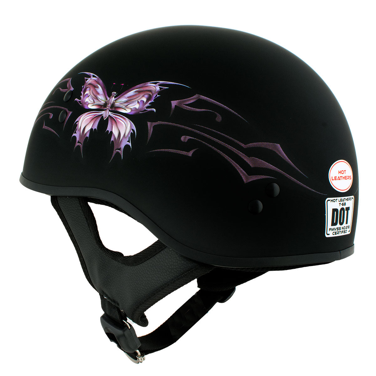 Hot Leathers HLD1052 DOT Skull Cap Half Helmet - Flat Black with Purple Butterfly Design Bikers