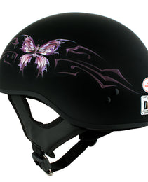 Hot Leathers HLD1052 DOT Skull Cap Half Helmet - Flat Black with Purple Butterfly Design Bikers