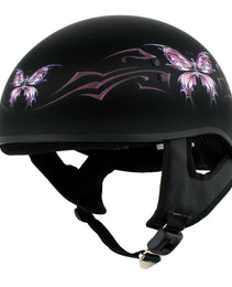 Hot Leathers HLD1052 DOT Skull Cap Half Helmet - Flat Black with Purple Butterfly Design Bikers