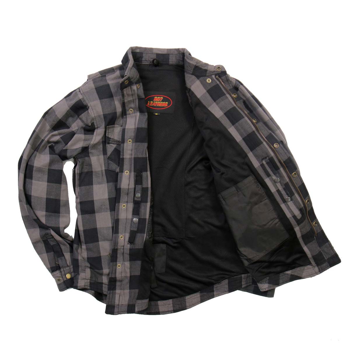 Hot Leathers JKM3004 Men's Grey and Black Flannel Motorcycle Shirt-Jacket with Armor Protection
