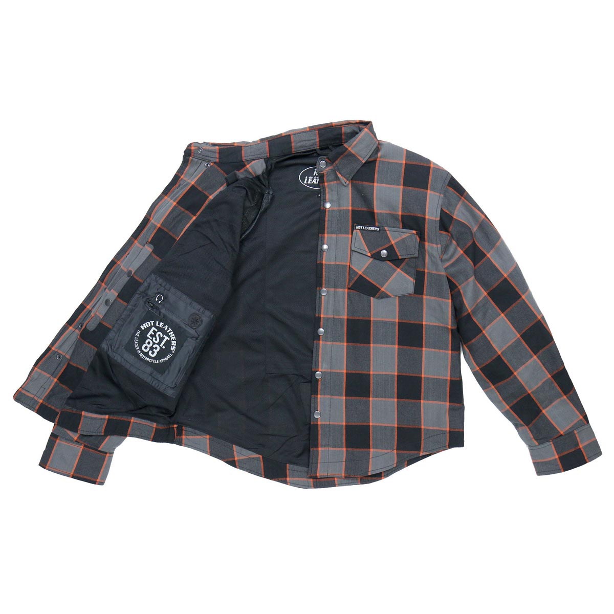 Hot Leathers JKM3010 Men's Black/Grey/Orange Armored Flannel Motorcycle Shirt-Jacket w/ CE Armor Protection