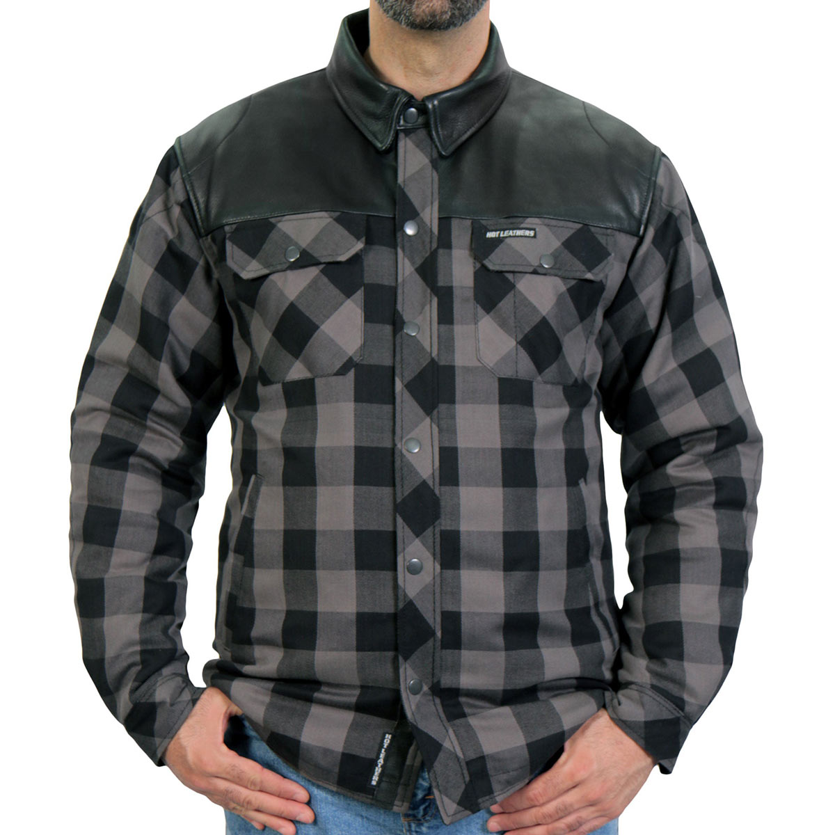 Hot Leathers JKM3203 Men's Grey and Black Kevlar Reinforced Leather and Plaid Flannel Shirt