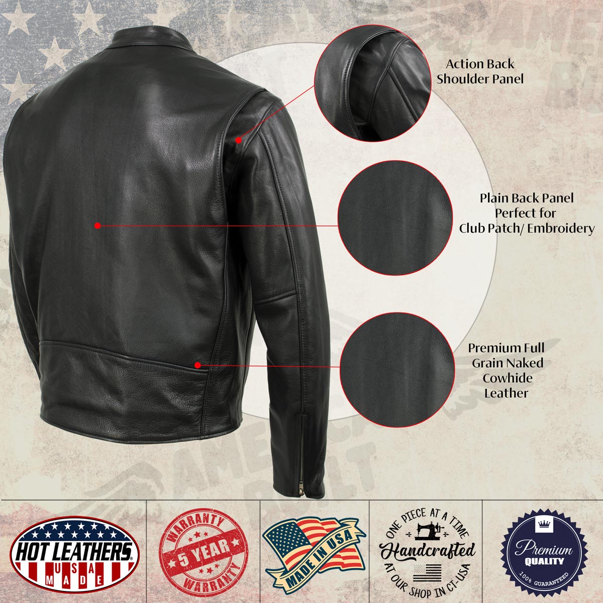 Hot Leathers JKM5006 USA Made Men's 'Rumble' Black Premium Leather Motorcycle Jacket