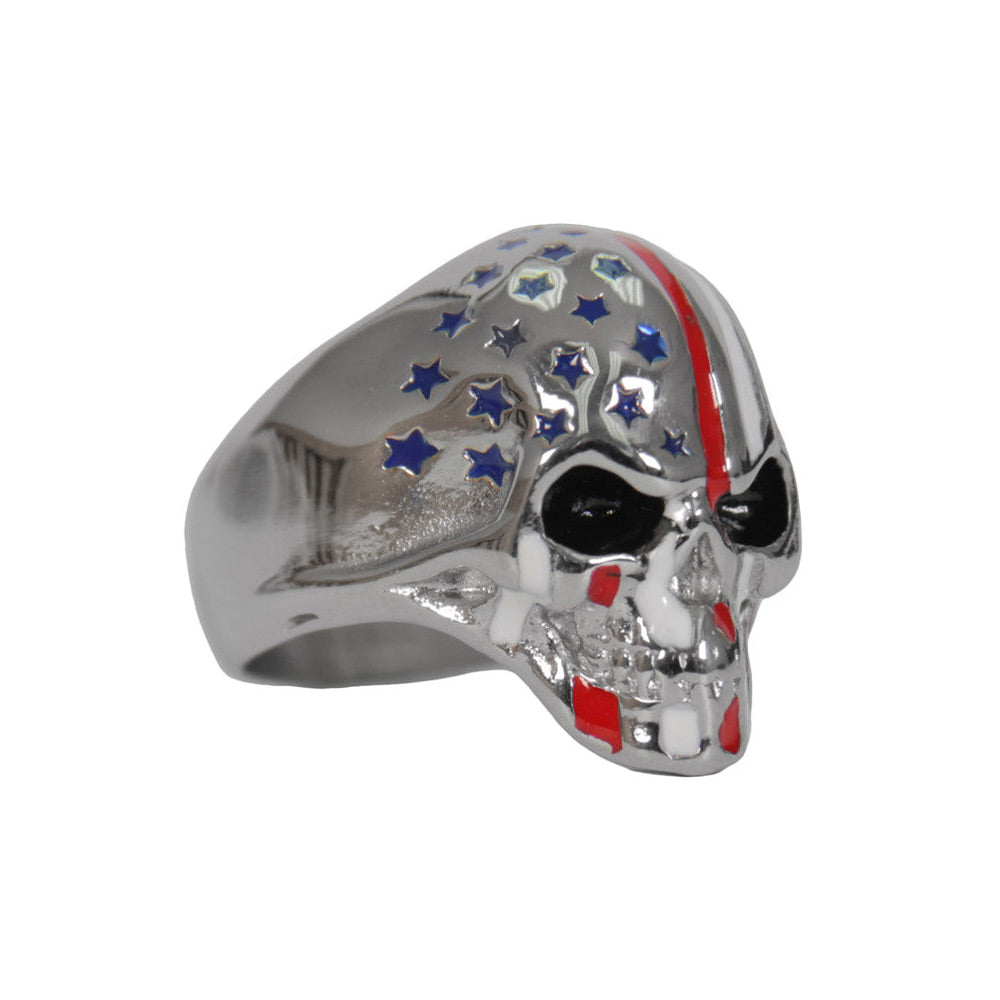 Hot Leathers JWR2131 Men's Silver 'American Flag Skull' Stainless Steel Ring