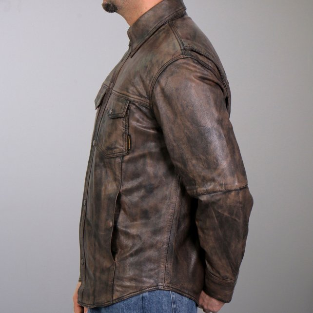Hot Leathers LCS1004 Men's Distressed Brown Leather Fashion Shirt with Multiple Pockets